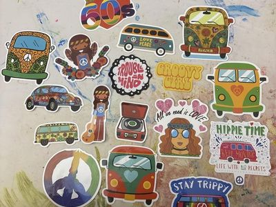 17-Piece Hippie Groovy Van Car Decal Sticker Set - Retro 60s Style