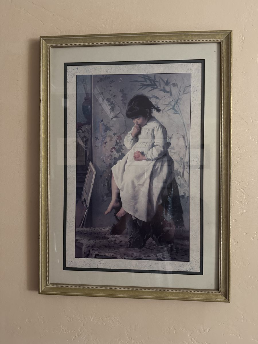 Framed Fine Art Print of Girl in White Dress in Gold Frame