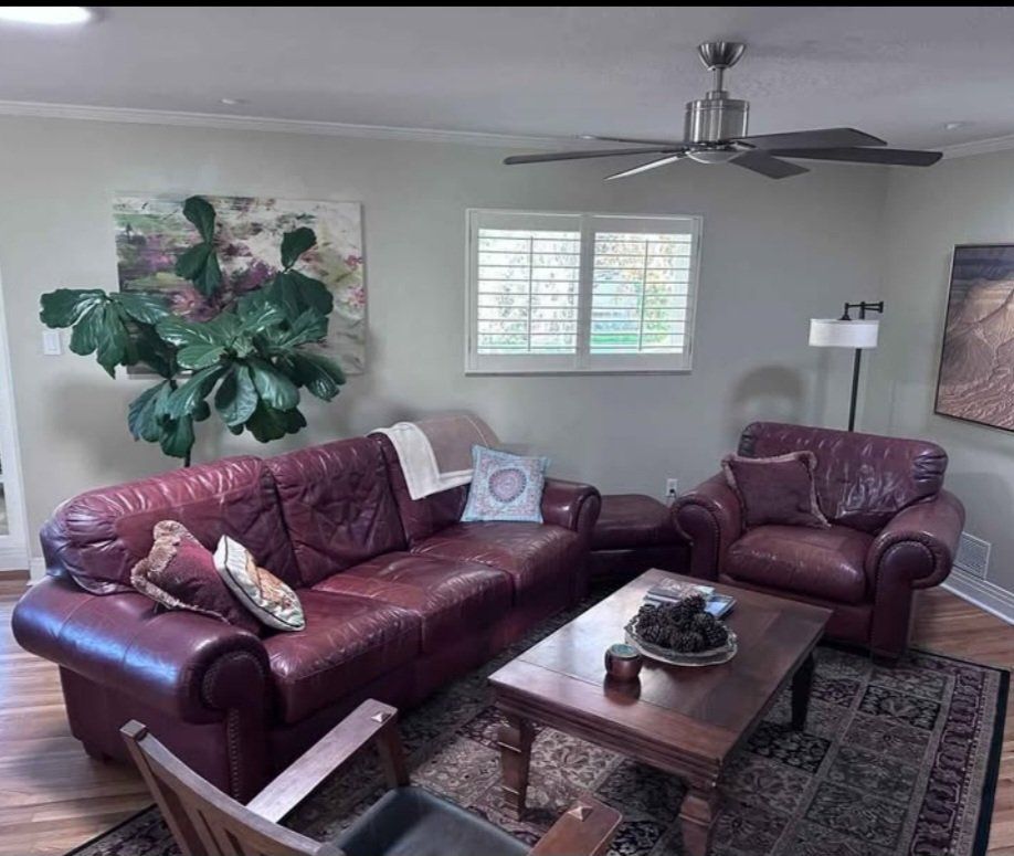 Leather sofa set. coffee table, rug, and painting