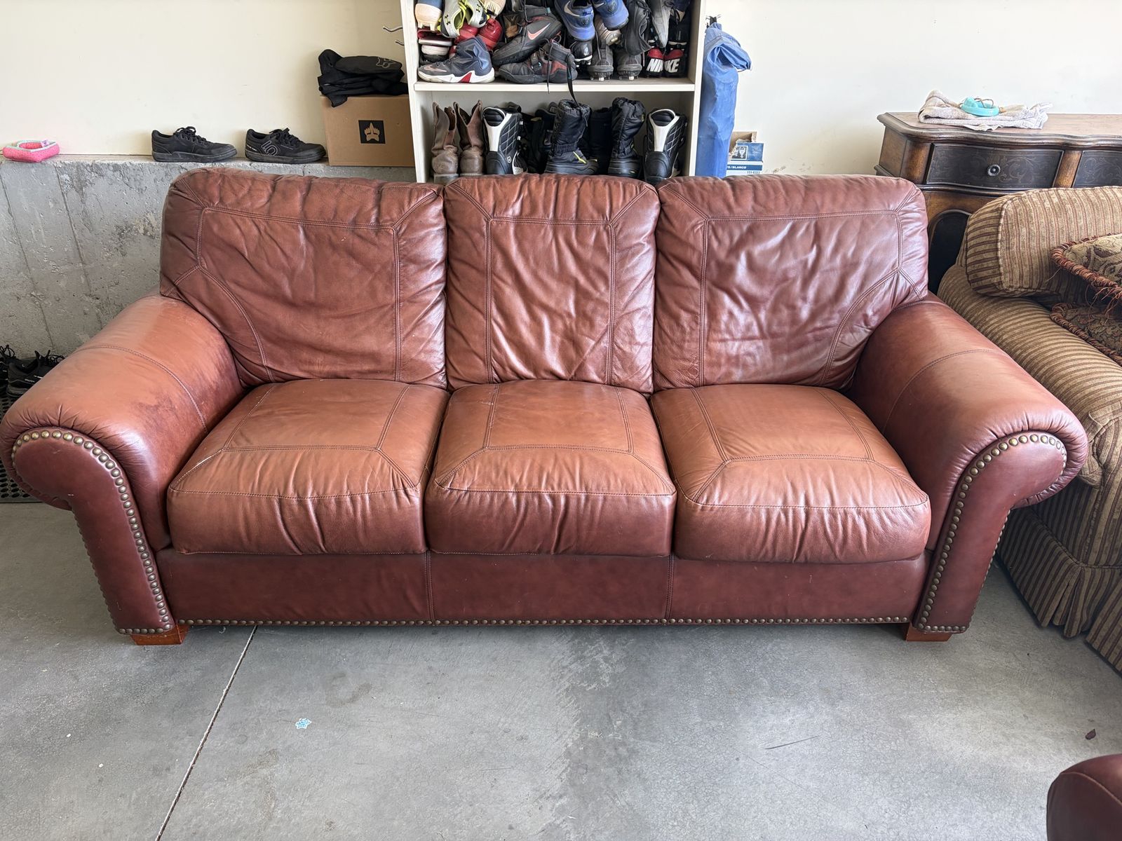 Traditional Brown Leather Sofa with Nailhead Trim and Other Goods For Sale