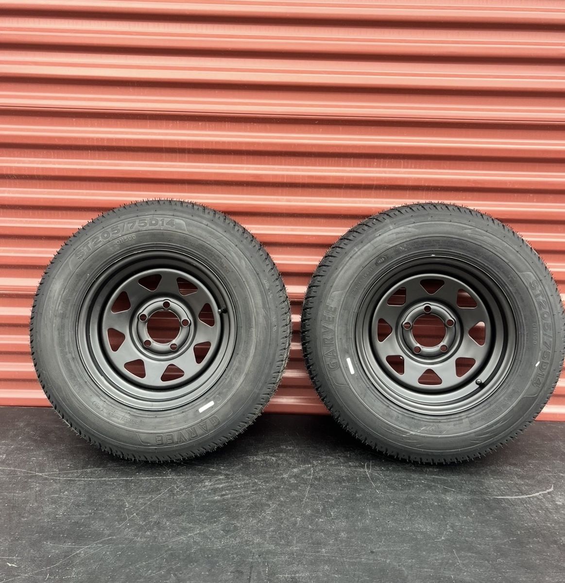 New Set of 2 Garvee ST 205/75 D 14 Trailer Tires Mounted on New Flat Black Wheels 5 on 4.5 Lug Pattern