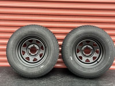 New Set of 2 Garvee ST 205/75 D 14 Trailer Tires Mounted on New Flat Black Wheels 5 on 4.5 Lug Pattern