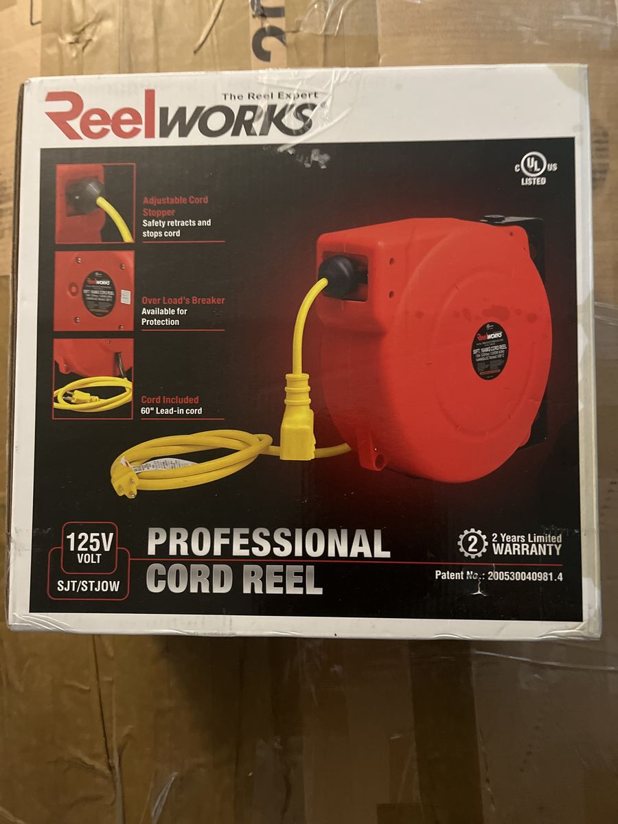 ReelWORKS Professional Cord Reel, 125V SJT/STJOW, with Overload Breaker & Adjustable Stopper