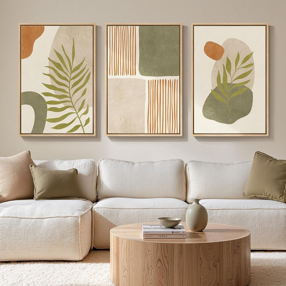 NEW 20x30 (3) Large Framed Tropical Boho Wall Art for Living Room, Mid Century Modern Sage Green