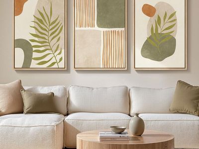 NEW 20x30 (3) Large Framed Tropical Boho Wall Art for Living Room, Mid Century Modern Sage Green