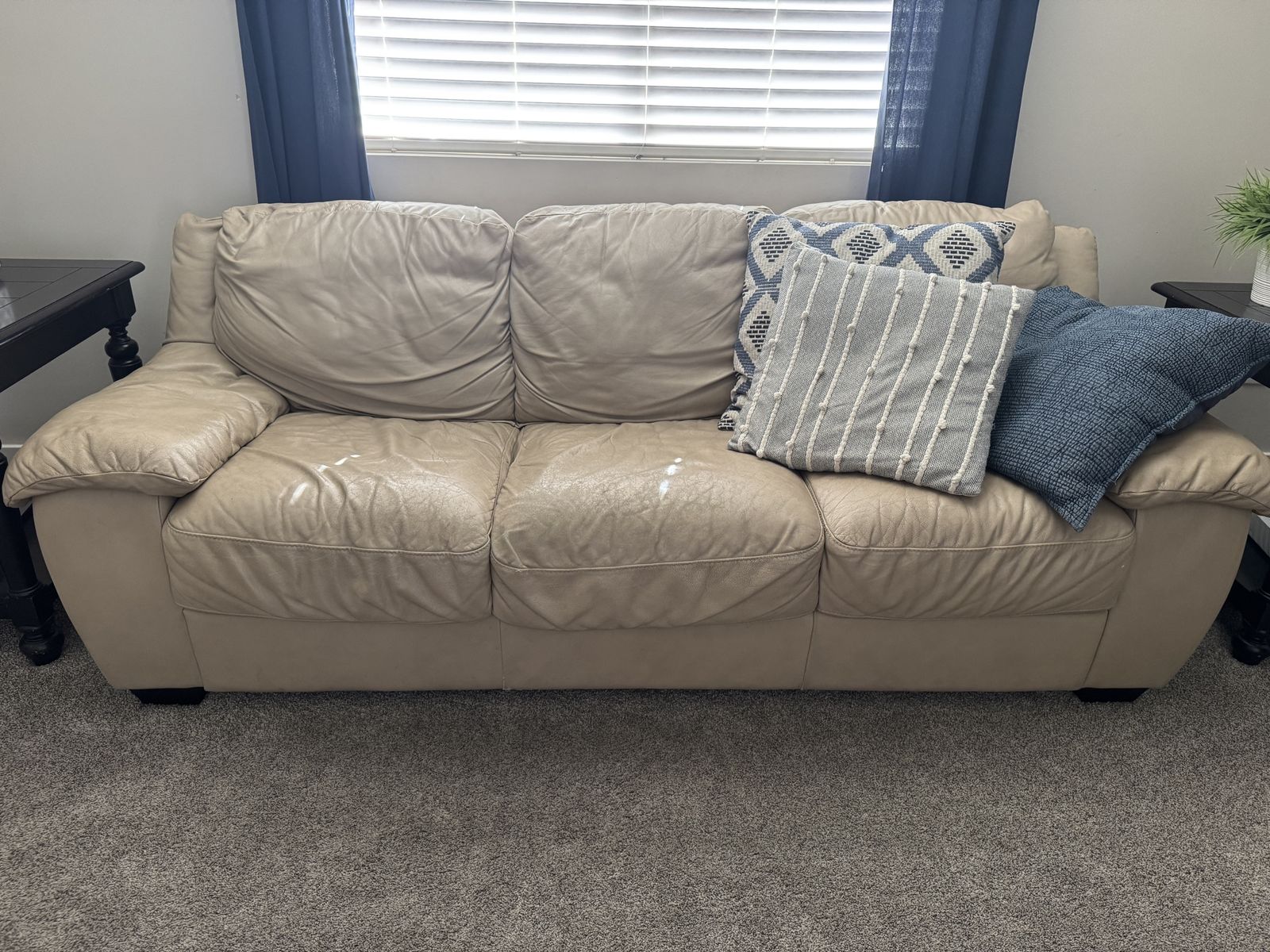 Beige 100% Leather Sofa, Loveseat and Recliner