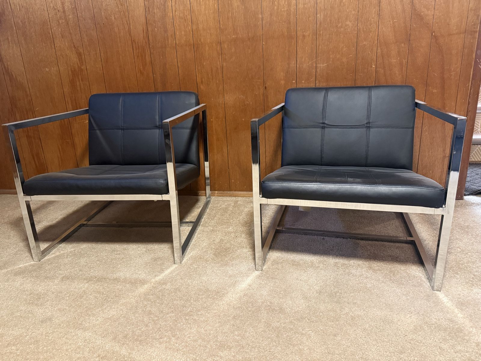 Vintage MCM Black Leather & Chrome Accent Chairs - Set of 2, 25" W x 25" D