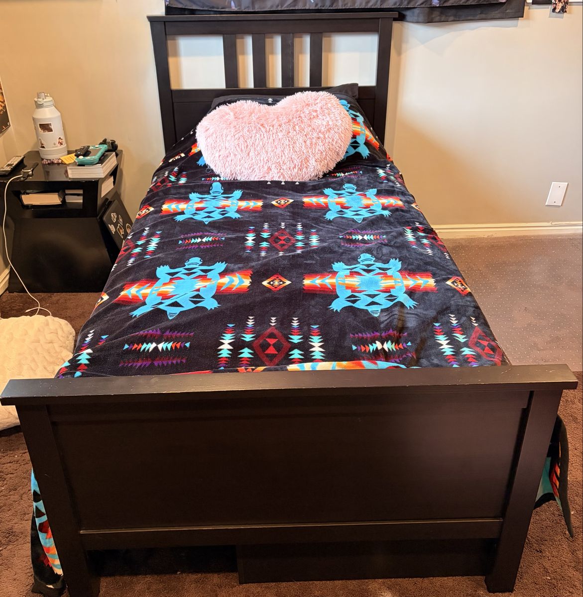 Twin Size Bed Frame with Headboard and Footboard - Black Wood Slatted Base