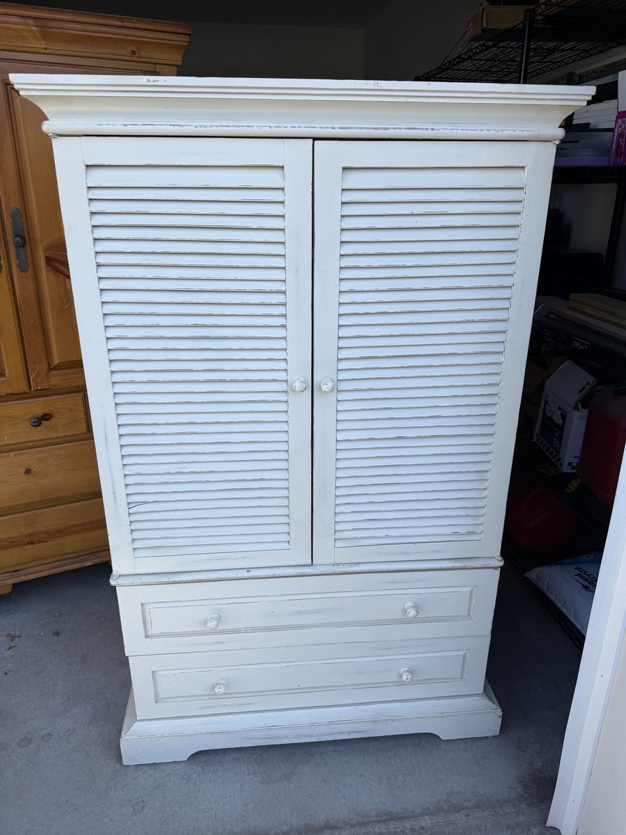 White Wooden Wardrobe Armoire with Louvered Doors and Two Drawers, TV Cabinet Ready