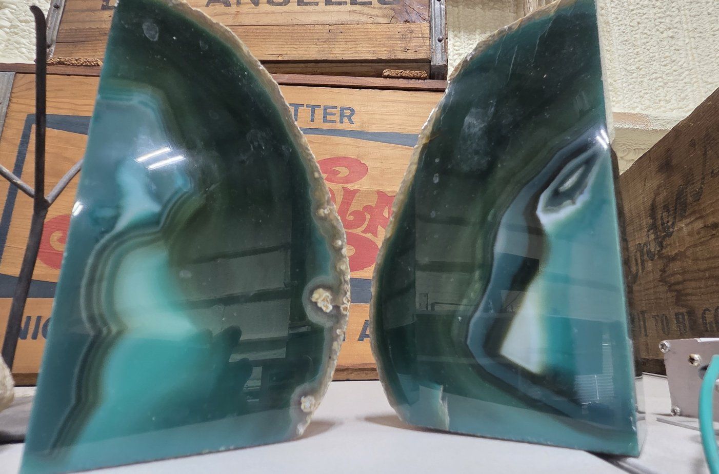 Green Agate Geode Bookends Set Natural Stone Polished Ends