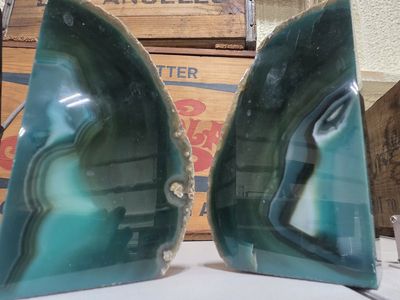 Green Agate Geode Bookends Set Natural Stone Polished Ends