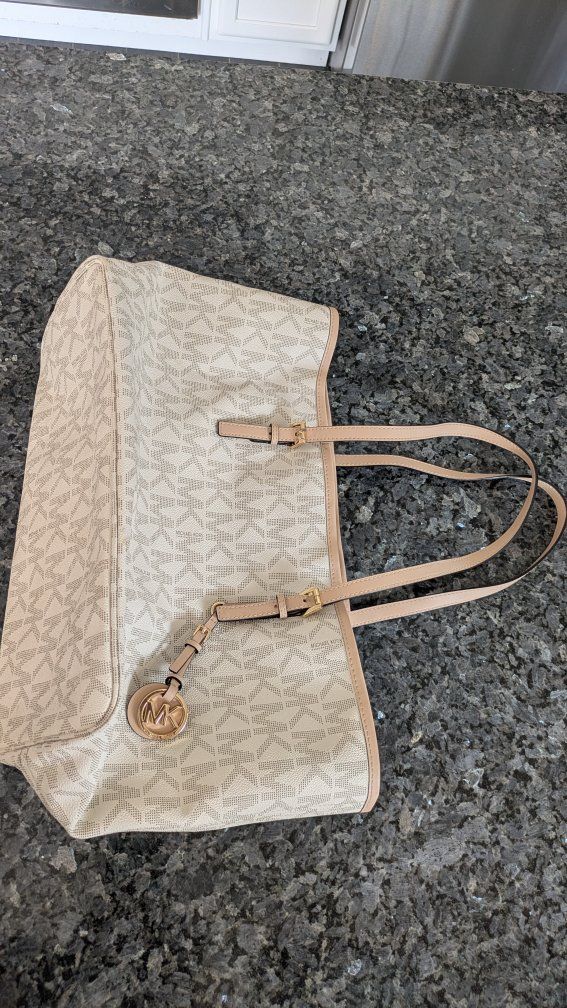 Michael Kors Cream MK Logo Coated Canvas Leather Trim Large Tote Bag w/ Pouch