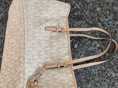 Michael Kors Cream MK Logo Coated Canvas Leather Trim Large Tote Bag w/ Pouch
