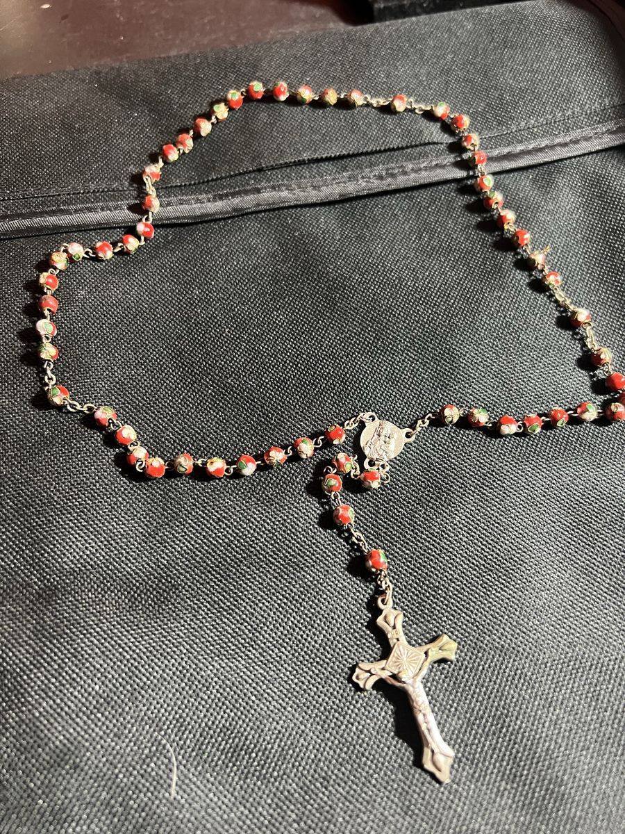 Vintage Hand-Painted Floral Rosary Beads with Crucifix & Virgin Mary Medal