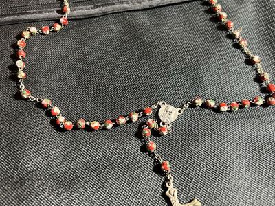 Vintage Hand-Painted Floral Rosary Beads with Crucifix & Virgin Mary Medal