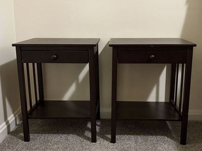 Pair of Dark Wood End Tables / Nightstands with Drawer and Shelf