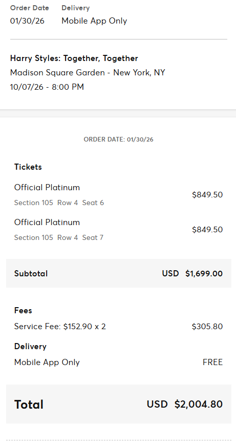 2 Tickets Harry Styles at Madison Square Garden 10-7-2026