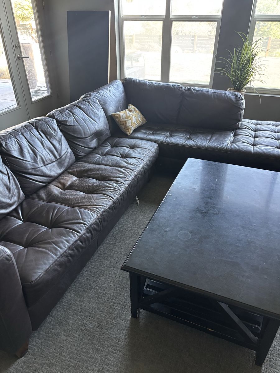 Brown Leather Sectional Sofa - Spacious L-Shape Couch, Tufted Seating, Comfortable Living Room Furniture