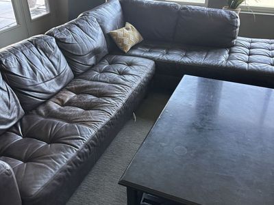 Brown Leather Sectional Sofa - Spacious L-Shape Couch, Tufted Seating, Comfortable Living Room Furniture