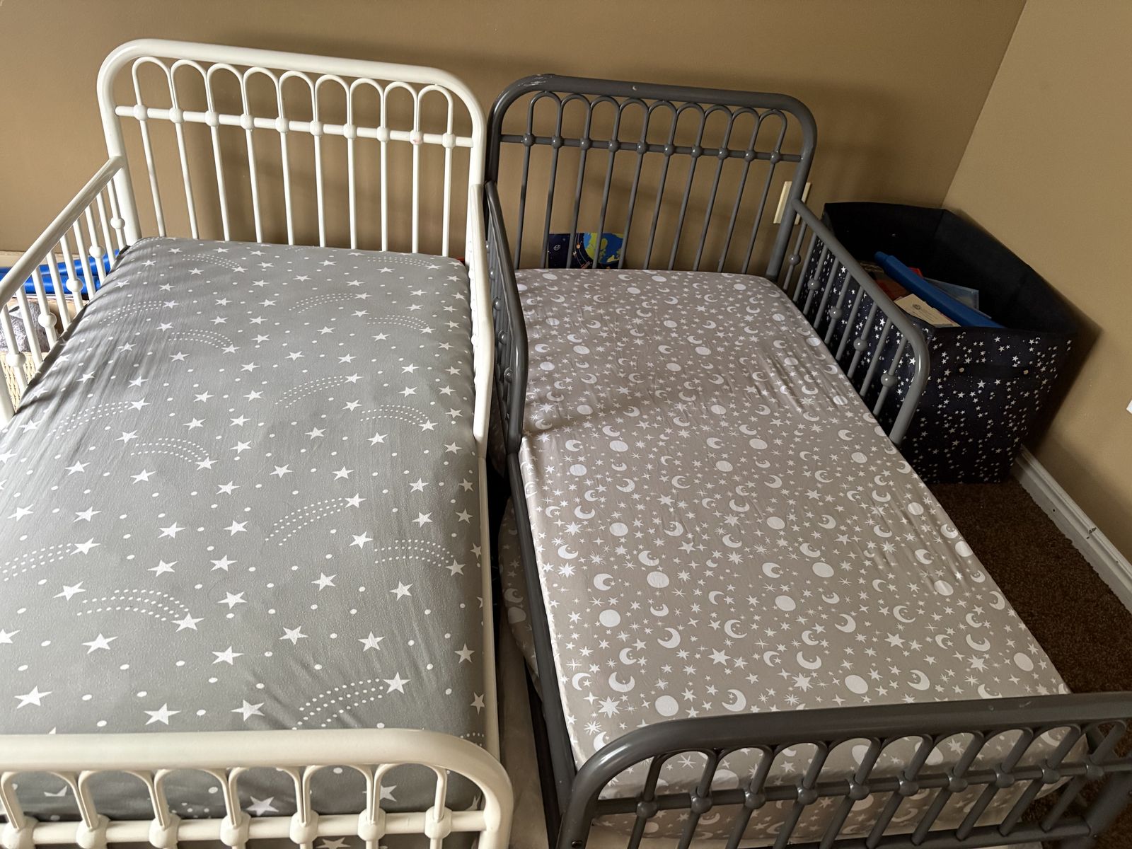 Metal Toddler Beds with Safety Side Rails - Set of 2 (White and Grey)