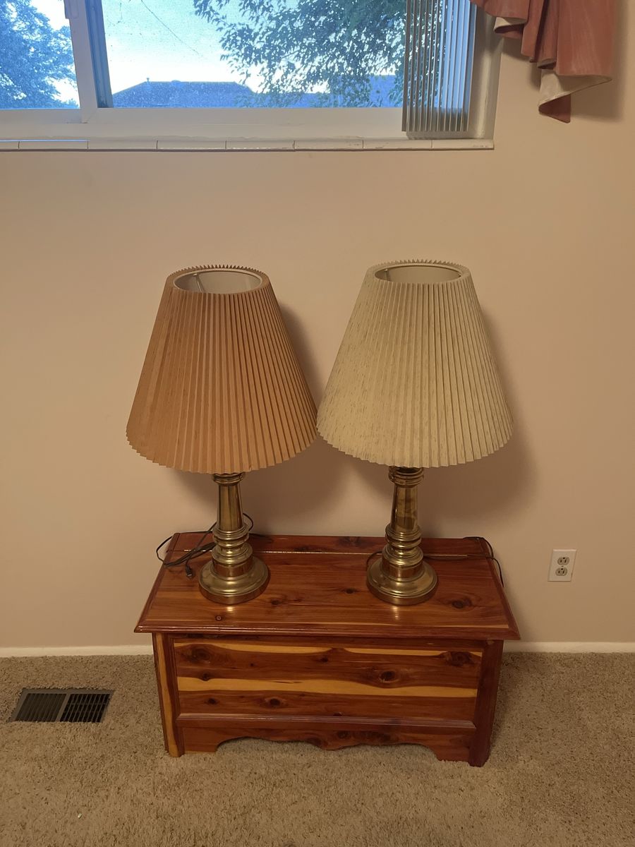 Pair of Vintage Brass Table Lamps with Pleated Shades - Classic Home Lighting Set