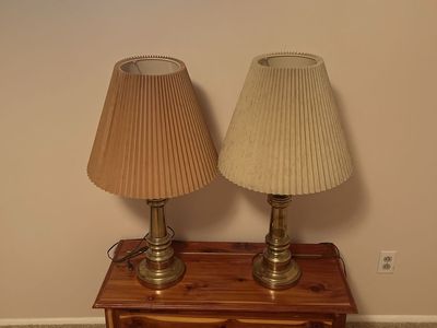 Pair of Vintage Brass Table Lamps with Pleated Shades - Classic Home Lighting Set