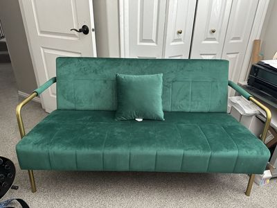 Emerald Green Velvet Loveseat Sofa 56.5" W with Gold Metal Frame - Modern Accent Couch