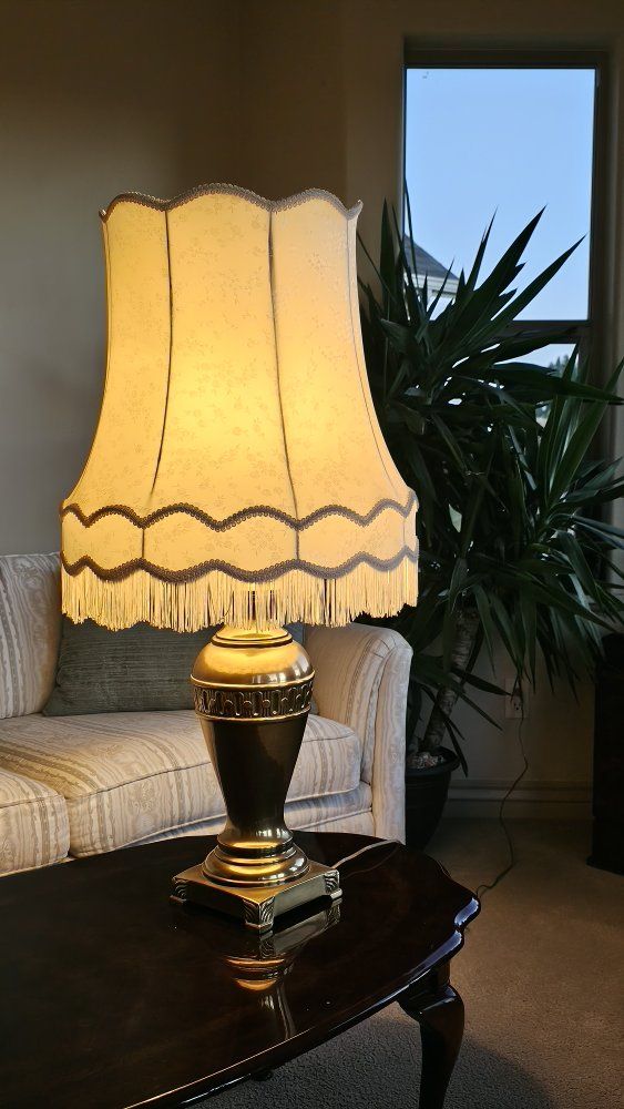Vintage Frederick Cooper Brass Table Lamp with Cream Scalloped Shade and Fringe Detail 38" Tall.