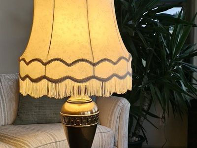 Vintage Frederick Cooper Brass Table Lamp with Cream Scalloped Shade and Fringe Detail 38" Tall.