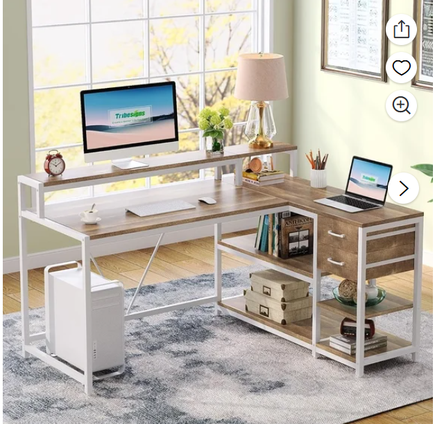 Tribesigns L Shaped Desk with Drawer, Corner Desk Home Office Table, Rustic Wooden and Metal PC Desk, Multicolor