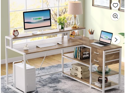 Tribesigns L Shaped Desk with Drawer, Corner Desk Home Office Table, Rustic Wooden and Metal PC Desk, Multicolor