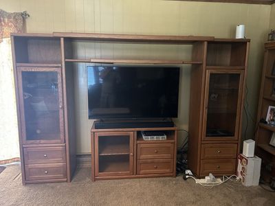 Wooden Entertainment Center with Side Cabinets - Fits 55" TV, Expandable Shelves