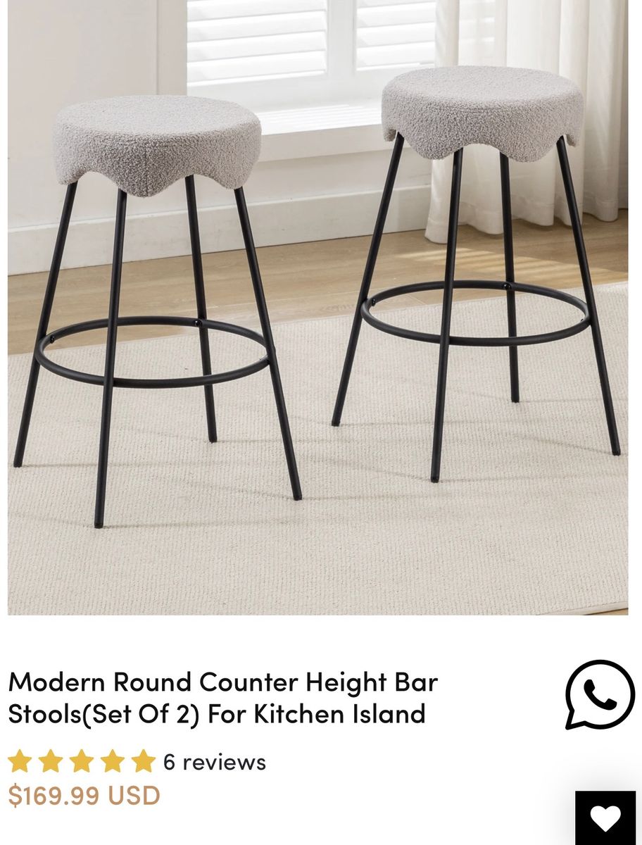 Modern Round Counter Height Bar Stools Set Of 2 Sherpa Upholstered
