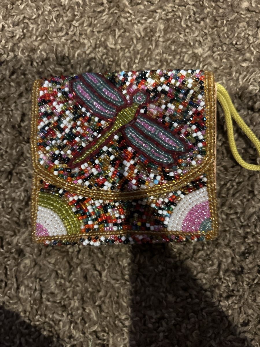 Beaded Dragonfly Pouch/Wallet - Vibrant Multicolor Design with Drawstring