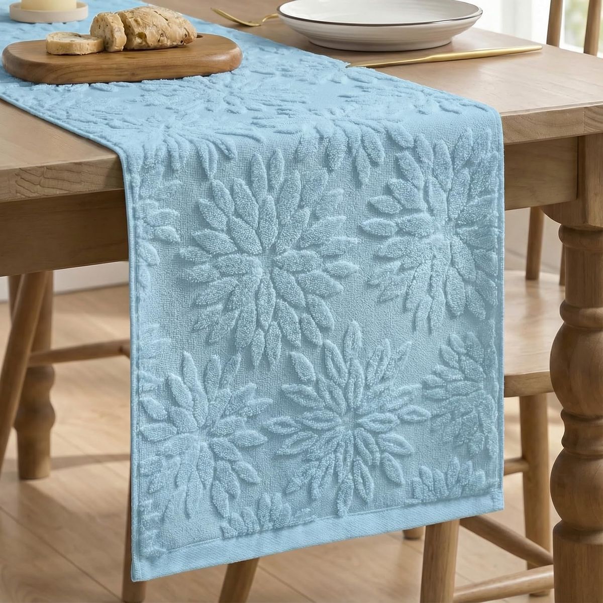 Light Blue Floral Embossed Table Runner