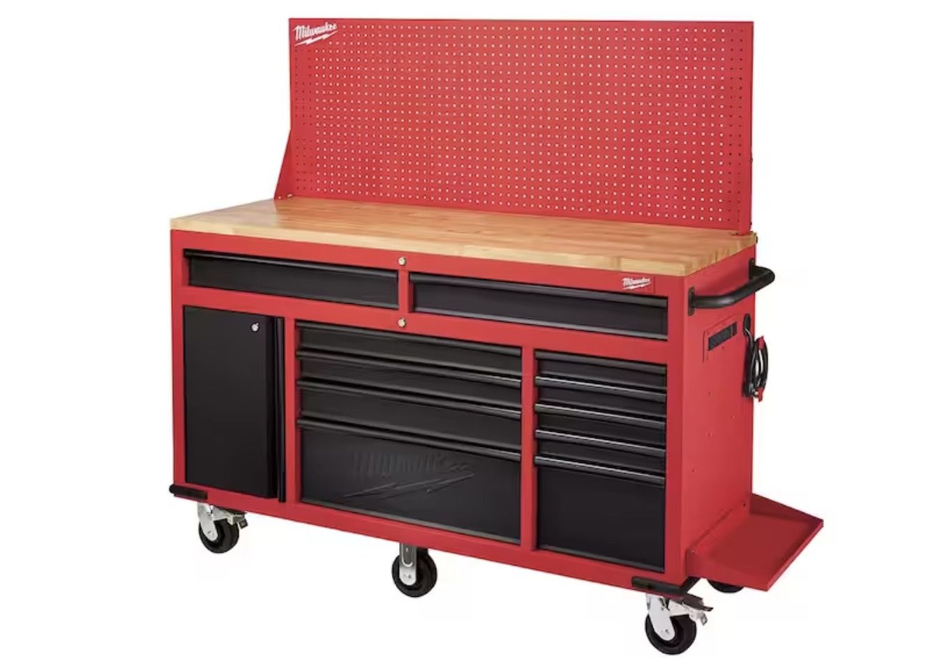 Milwaukee 61 in. 11-Drawer/1-Door 22 in. D Mobile Workbench with Sliding Pegboard Back Wall in Red/Black
