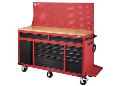 Milwaukee 61 in. 11-Drawer/1-Door 22 in. D Mobile Workbench with Sliding Pegboard Back Wall in Red/Black