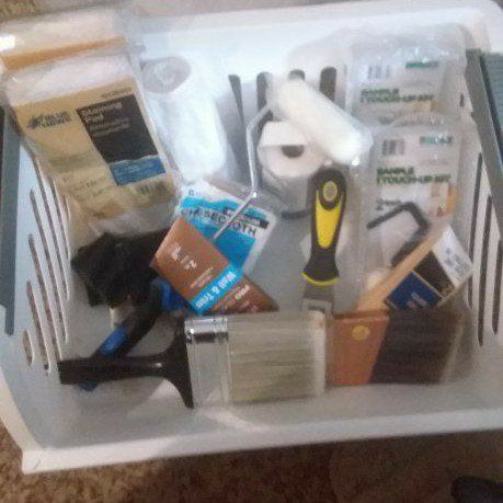Bin of Assorted Painting & Staining Tools Kit - Brushes, Rollers, Scrapers, Pads - DIY Home Improvement Set