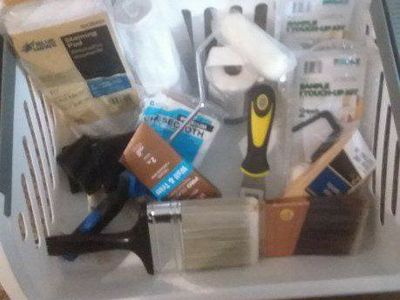 Bin of Assorted Painting & Staining Tools Kit - Brushes, Rollers, Scrapers, Pads - DIY Home Improvement Set