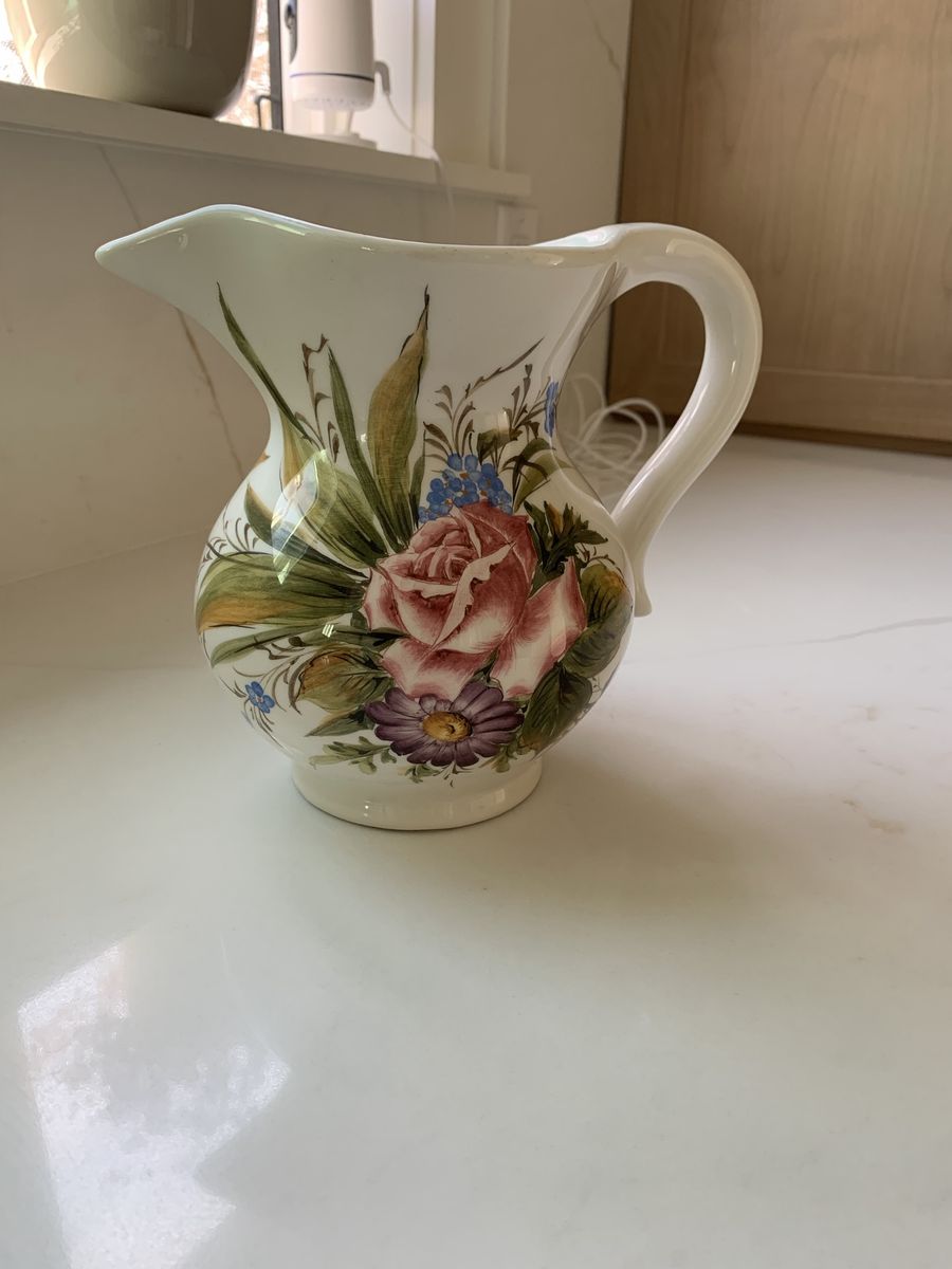 Vintage floral ceramic handpainted pitcher/ vase home decor made in Italy hand painted