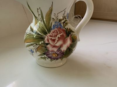 Vintage floral ceramic handpainted pitcher/ vase home decor made in Italy hand painted