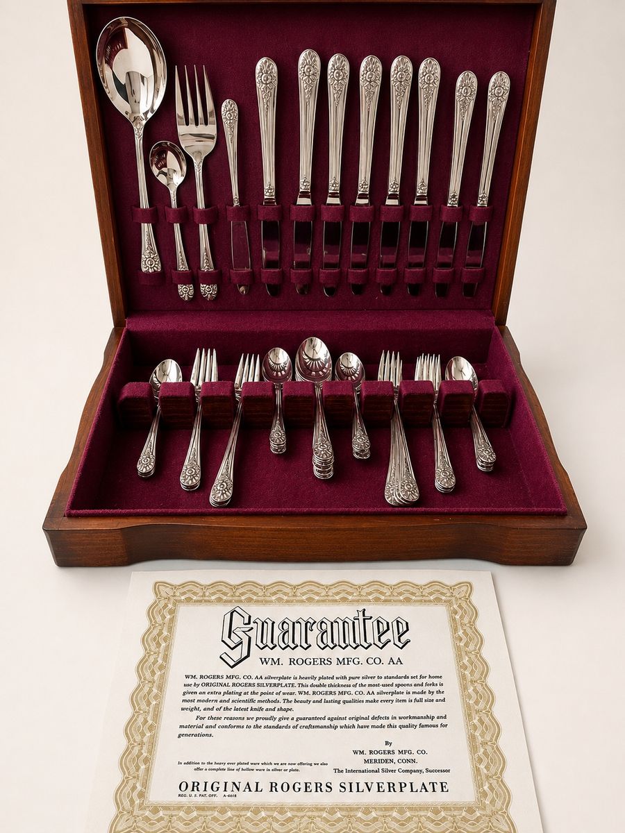 52-Piece WM Rogers Jubilee Silverplate Flatware Set — Service for 8, Original Wood Chest & Certificate