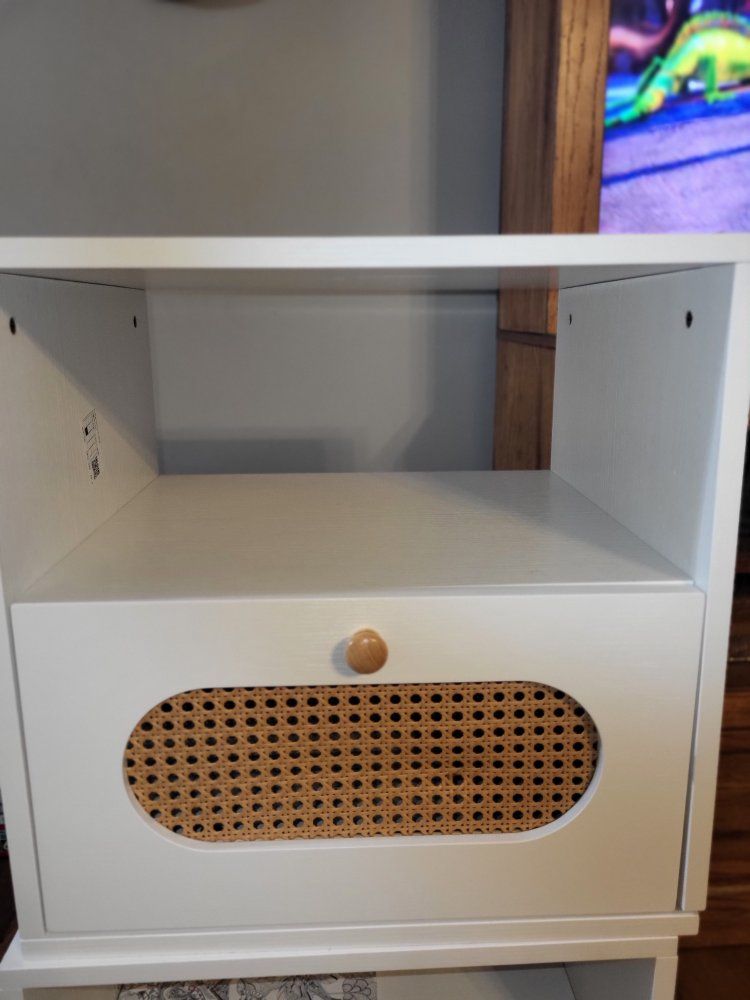 White Nightstand with Cane Drawer and Open Shelf Storage