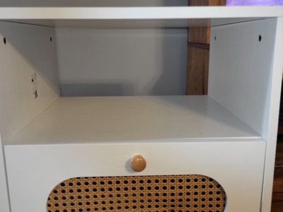 White Nightstand with Cane Drawer and Open Shelf Storage