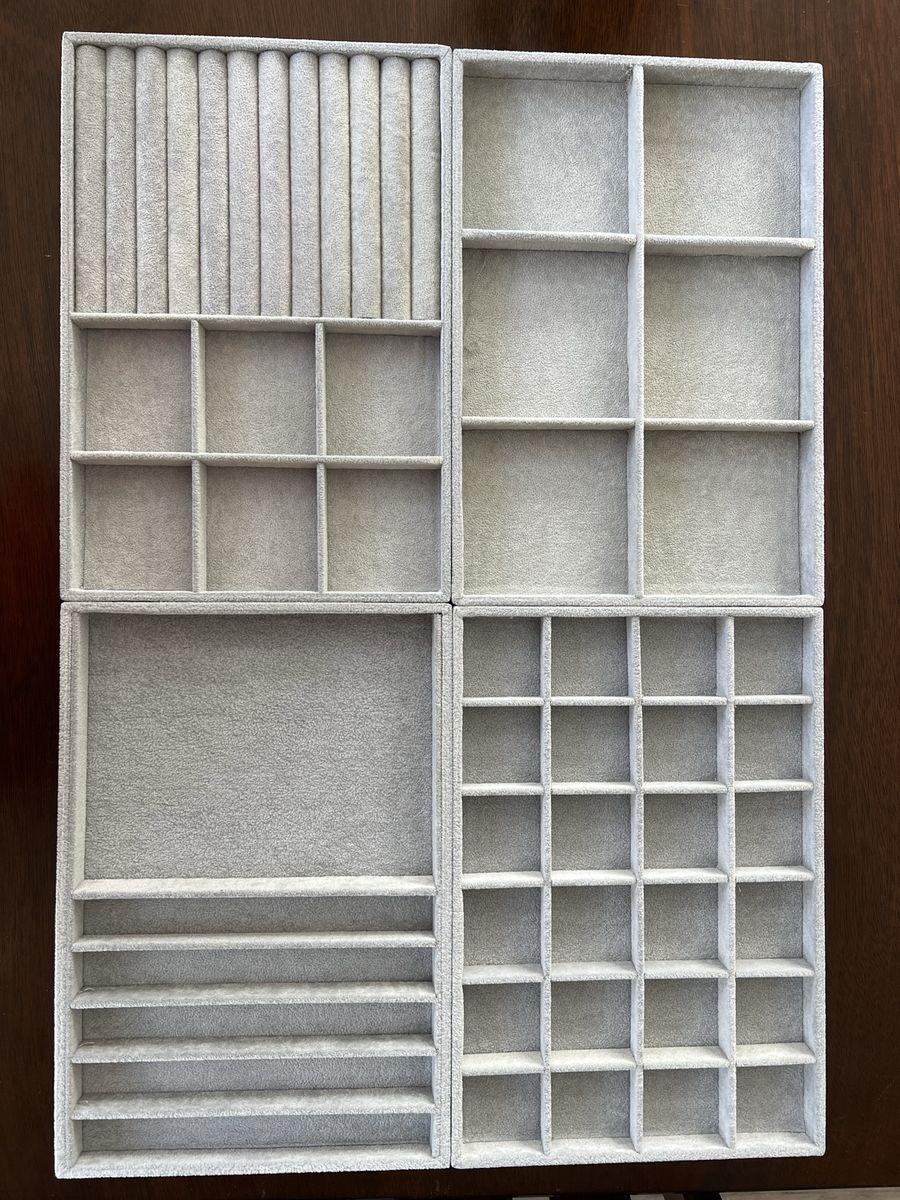 4-Piece Grey Velvet Jewelry Tray Organizers for Drawer or Display, Stackable - Ring, Earring, Necklace Storage