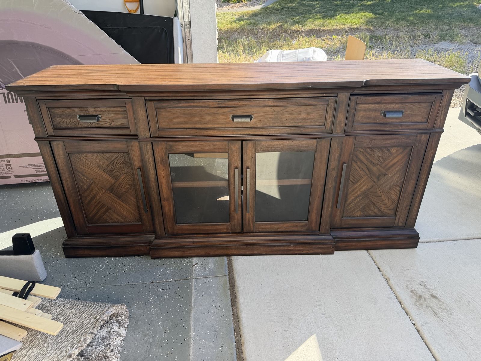 Elegant Wood Media Console / Credenza with Glass Doors & Drawers - Dark Brown