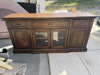 Elegant Wood Media Console / Credenza with Glass Doors & Drawers - Dark Brown