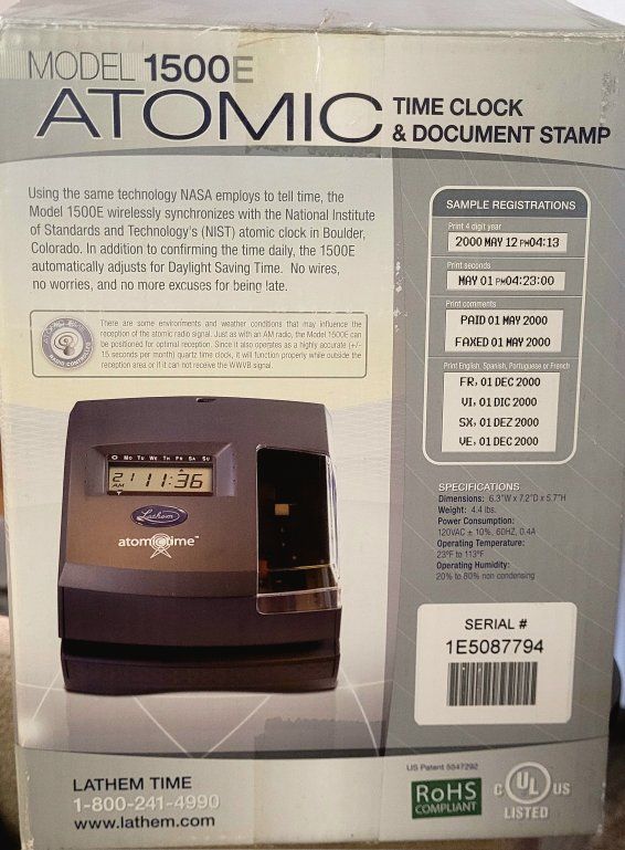 Lathem Model 1500E Atomic Time Clock & Document Stamp - New in Box with Key.