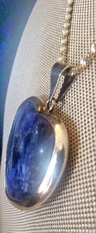 Vntg SODALITE REVERSIBLE Domed Heart STER SILVER