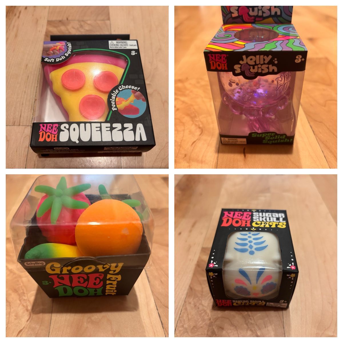 Needoh sugar skull cat, jellyfish, groovy fruit, and pizza
